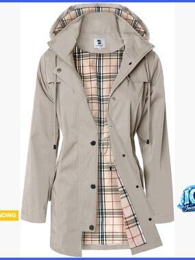 Long Hooded Rain Jacket Windbreaker 100% Polyester Water Resistant